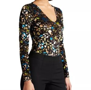 Ted Baker Joslynn Devore Velvet Mesh Bodysuit Black Multicolor Print Size US 12